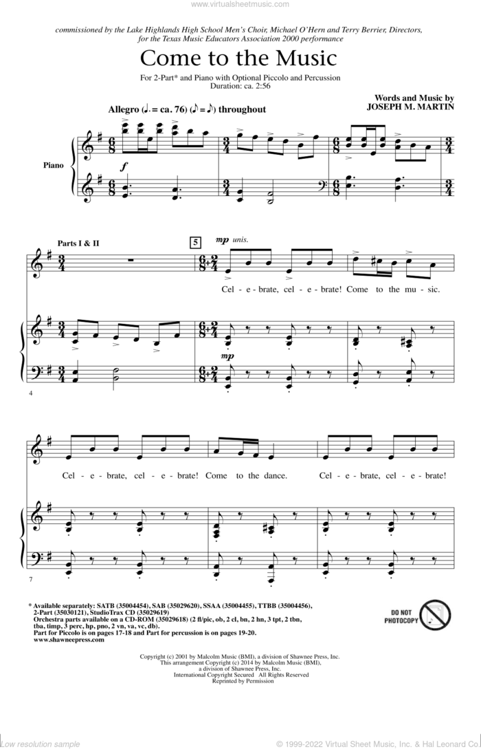 Come To The Music sheet music for choir (2-Part) by Joseph M. Martin, intermediate duet