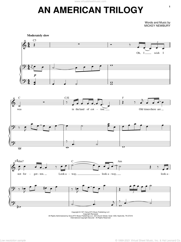 An American Trilogy sheet music for voice and piano by Elvis Presley and Mickey Newbury, intermediate skill level