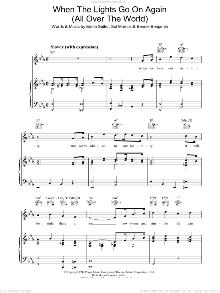 When The Lights Go On Again (All Over The World) sheet music for voice, piano or guitar by Vaughn Monroe, Bennie Benjamin, Eddie Seiler and Sol Marcus, intermediate skill level