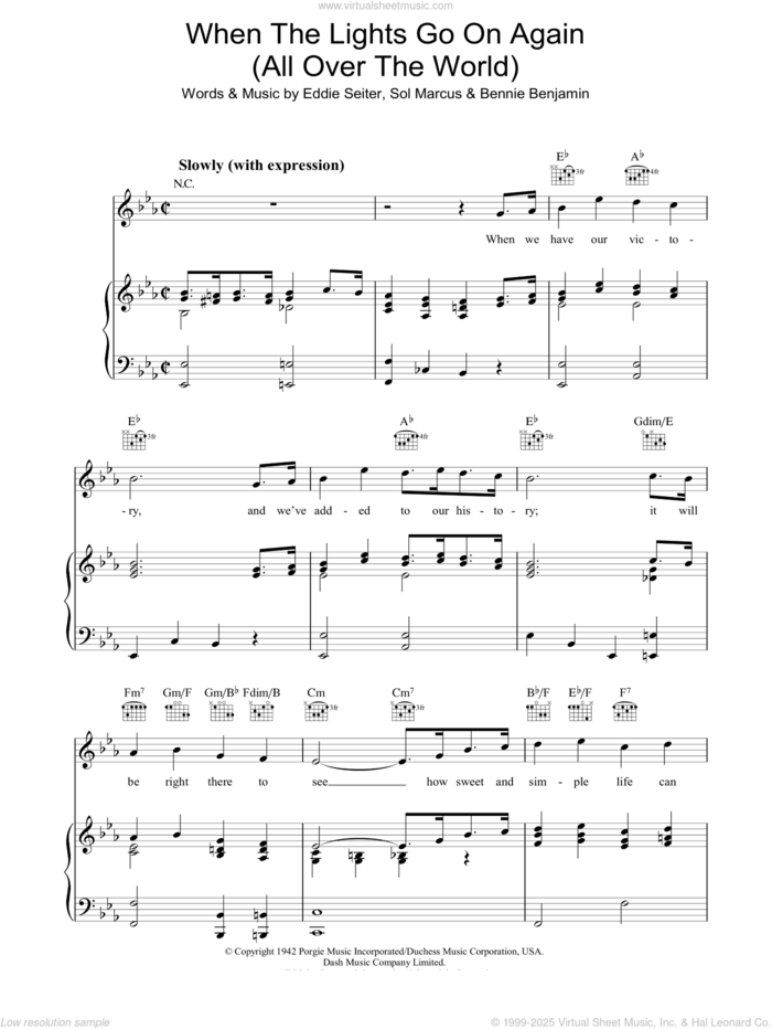 When The Lights Go On Again (All Over The World) sheet music for voice, piano or guitar by Vaughn Monroe, Bennie Benjamin, Eddie Seiler and Sol Marcus, intermediate skill level