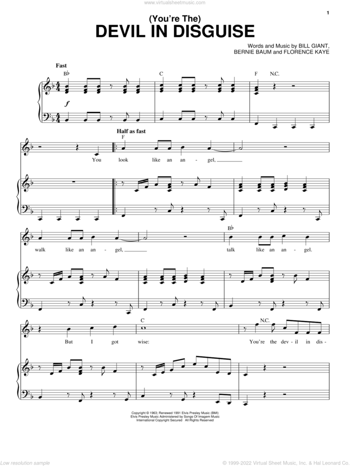 (You're The) Devil In Disguise sheet music for voice and piano by Elvis Presley, Bernie Baum, Bill Giant and Florence Kaye, intermediate skill level