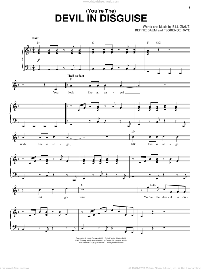 (You're The) Devil In Disguise sheet music for voice and piano by Elvis Presley, Bernie Baum, Bill Giant and Florence Kaye, intermediate skill level