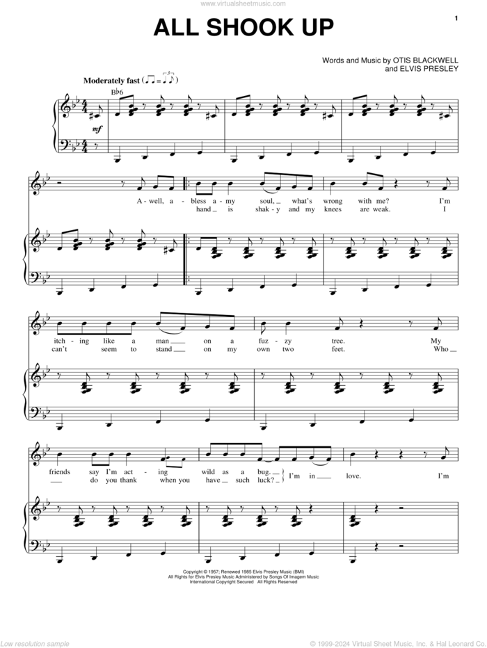 All Shook Up sheet music for voice and piano by Elvis Presley, Suzi Quatro and Otis Blackwell, intermediate skill level