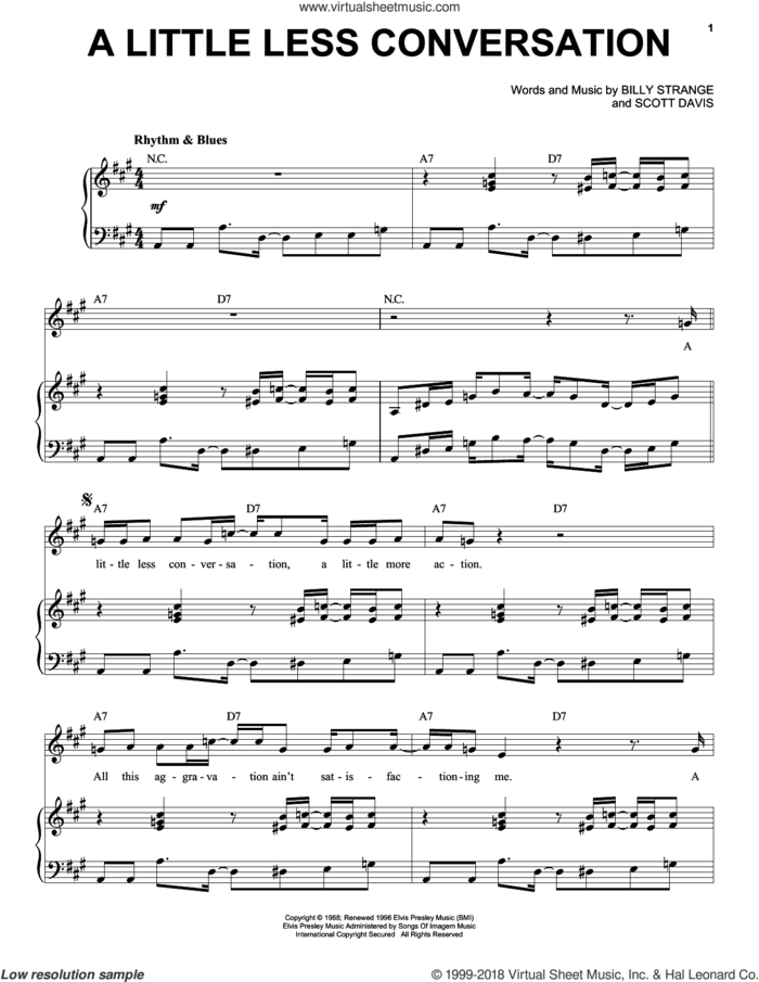 A Little Less Conversation sheet music for voice and piano by Elvis Presley, Elvis Presley vs. JXL, Billy Strange and Scott Davis, intermediate skill level