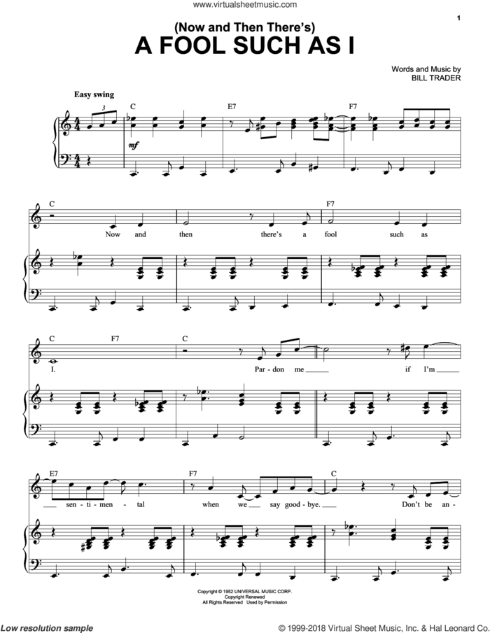 (Now And Then There's) A Fool Such As I sheet music for voice and piano by Elvis Presley, Bob Dylan, Hank Snow and Bill Trader, intermediate skill level