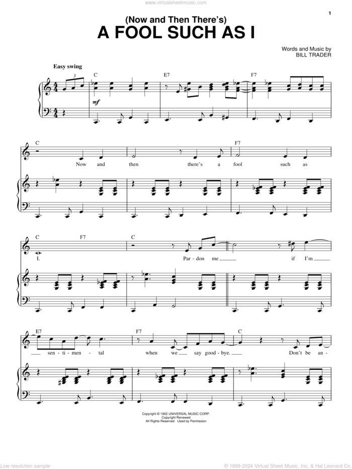 (Now And Then There's) A Fool Such As I sheet music for voice and piano by Elvis Presley, Bob Dylan, Hank Snow and Bill Trader, intermediate skill level