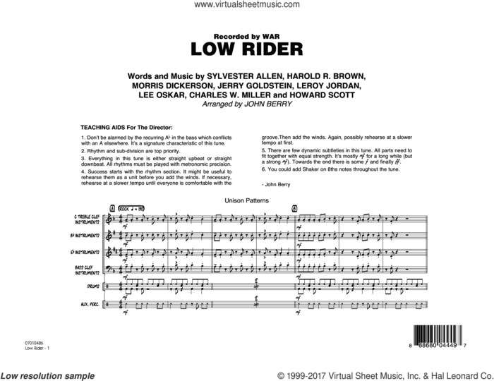Low Rider (COMPLETE) sheet music for jazz band by John Berry, Charles W. Miller, Harold R. Brown, Howard Scott, Jerry Goldstein, Lee Oskar, Leroy Jordan, Morris Dickerson, Sylvester Allen and War, intermediate skill level