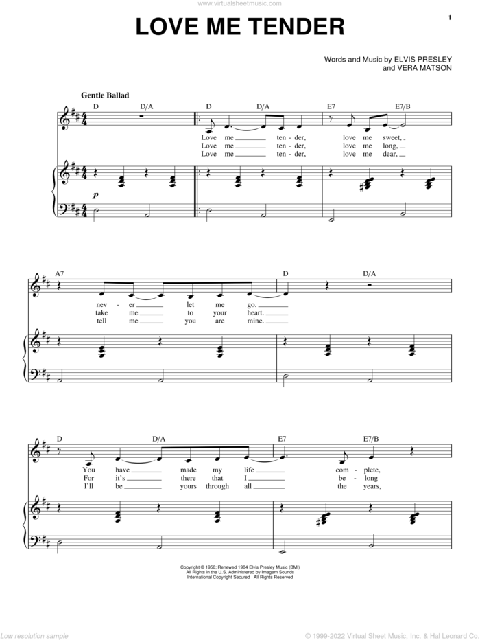 Love Me Tender sheet music for voice and piano by Elvis Presley and Vera Matson, wedding score, intermediate skill level