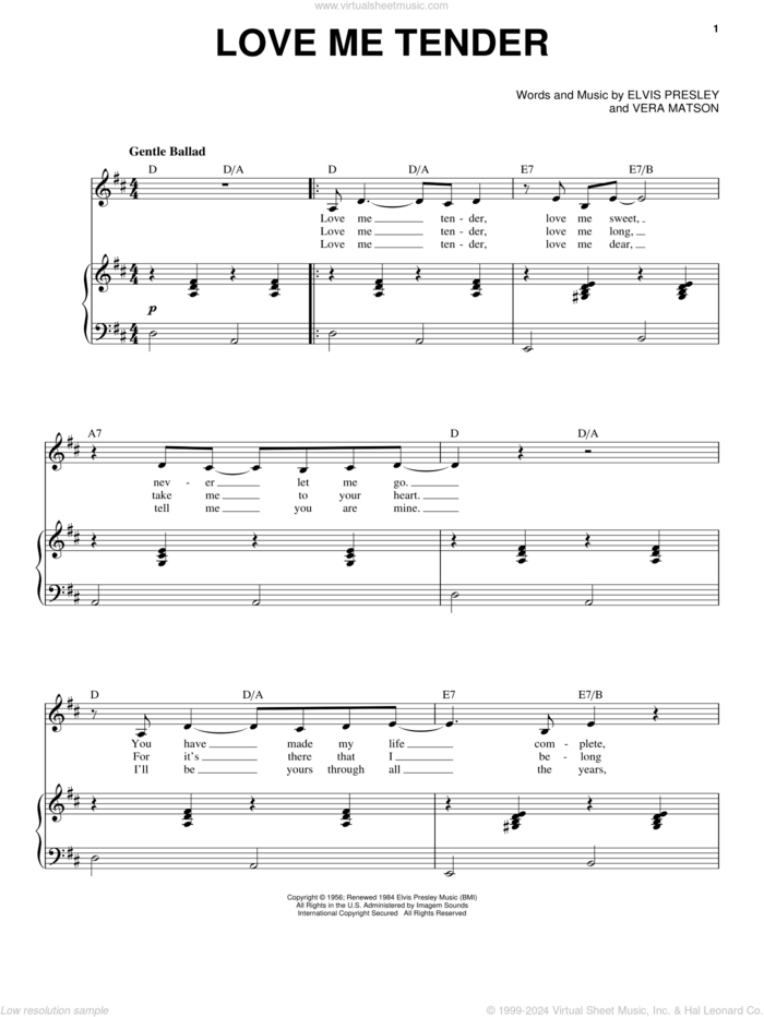 Love Me Tender sheet music for voice and piano by Elvis Presley and Vera Matson, wedding score, intermediate skill level