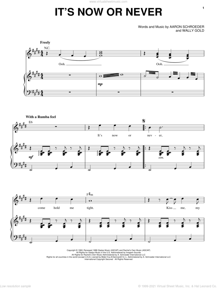 It's Now Or Never sheet music for voice and piano by Elvis Presley, John Schneider, Aaron Schroeder and Wally Gold, intermediate skill level
