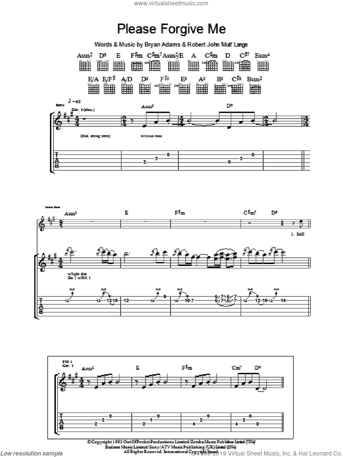 Please Forgive Me sheet music for guitar (tablature) by Bryan Adams and Robert John Lange, intermediate skill level