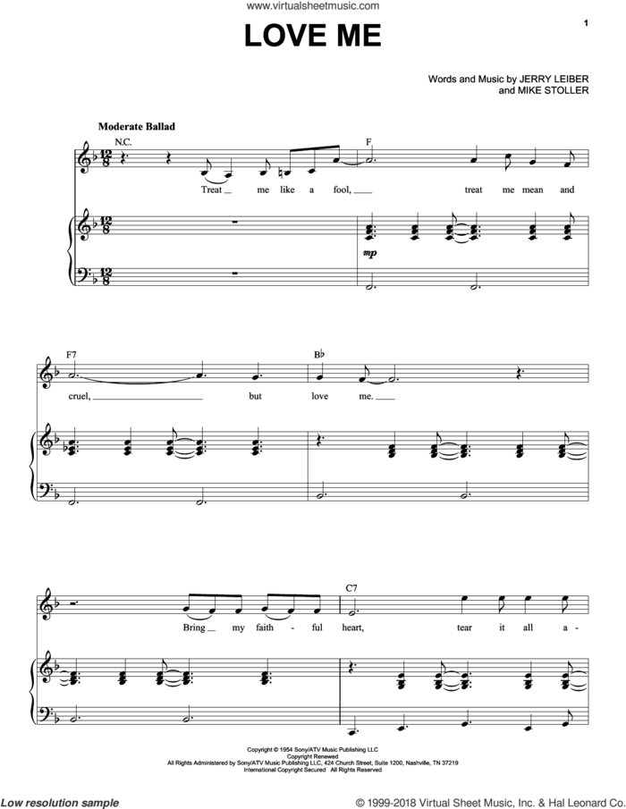Love Me sheet music for voice and piano by Elvis Presley, Jerry Leiber and Mike Stoller, intermediate skill level