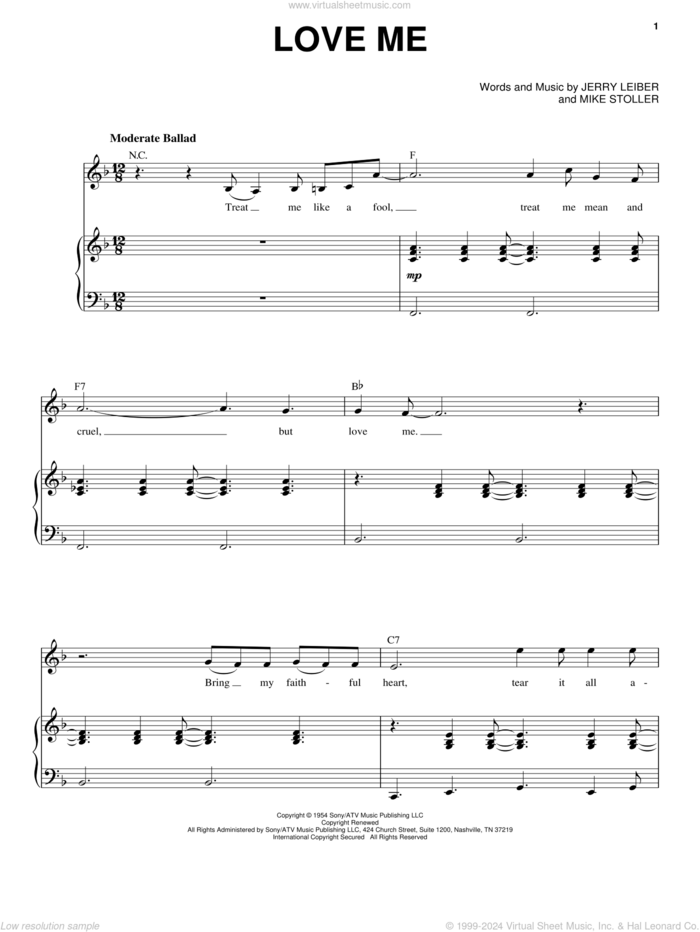 Love Me sheet music for voice and piano by Elvis Presley, Jerry Leiber and Mike Stoller, intermediate skill level