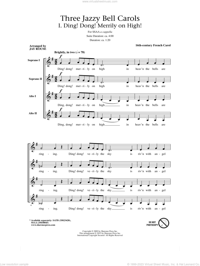 Three Jazzy Bell Carols sheet music for choir (SSAA: soprano, alto) by Jay Rouse, intermediate skill level