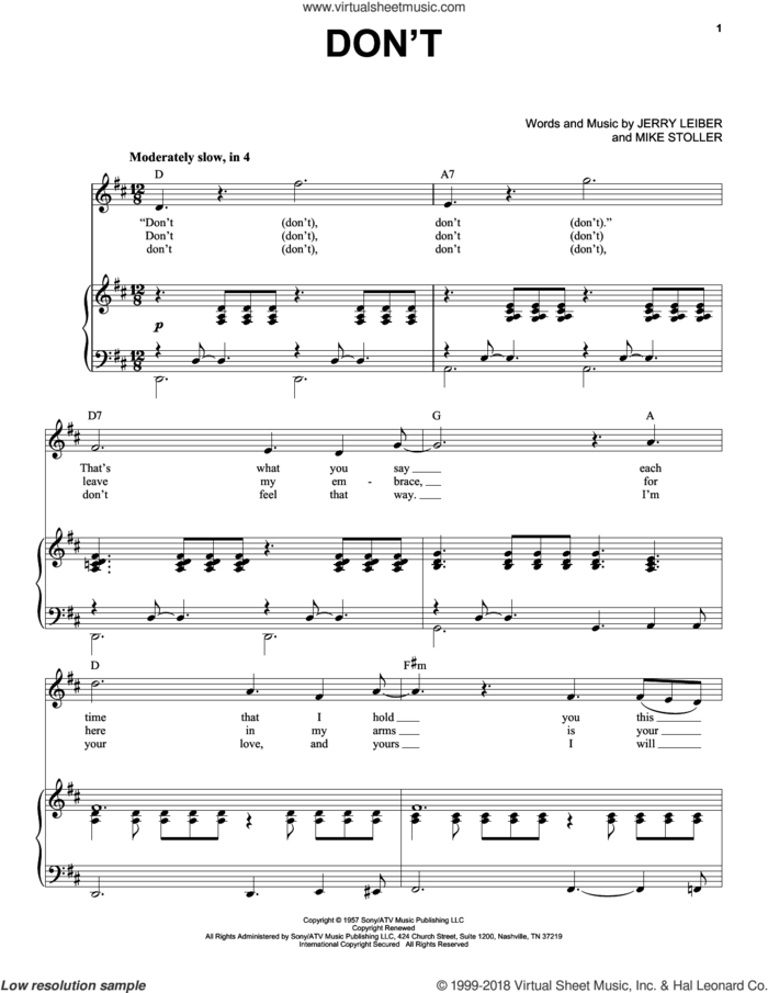 Don't sheet music for voice and piano by Elvis Presley, Jerry Leiber and Mike Stoller, intermediate skill level