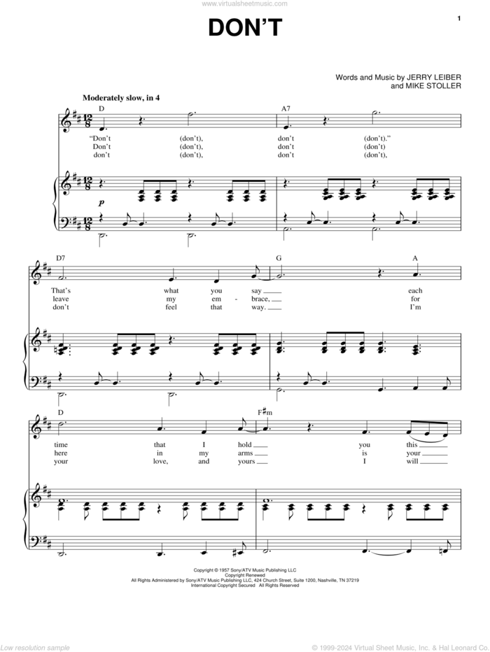 Don't sheet music for voice and piano by Elvis Presley, Jerry Leiber and Mike Stoller, intermediate skill level