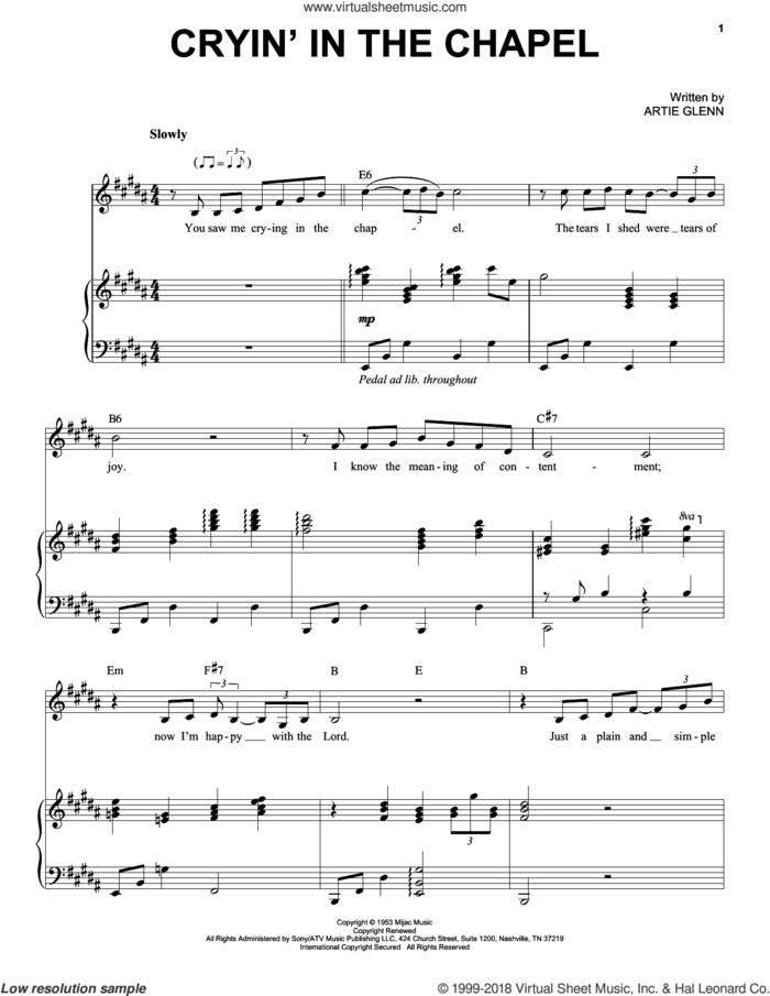 Cryin' In The Chapel sheet music for voice and piano by Elvis Presley and Artie Glenn, intermediate skill level