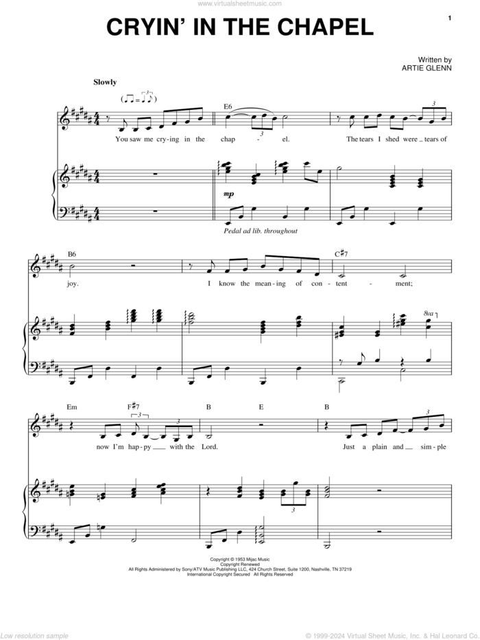 Cryin' In The Chapel sheet music for voice and piano by Elvis Presley and Artie Glenn, intermediate skill level