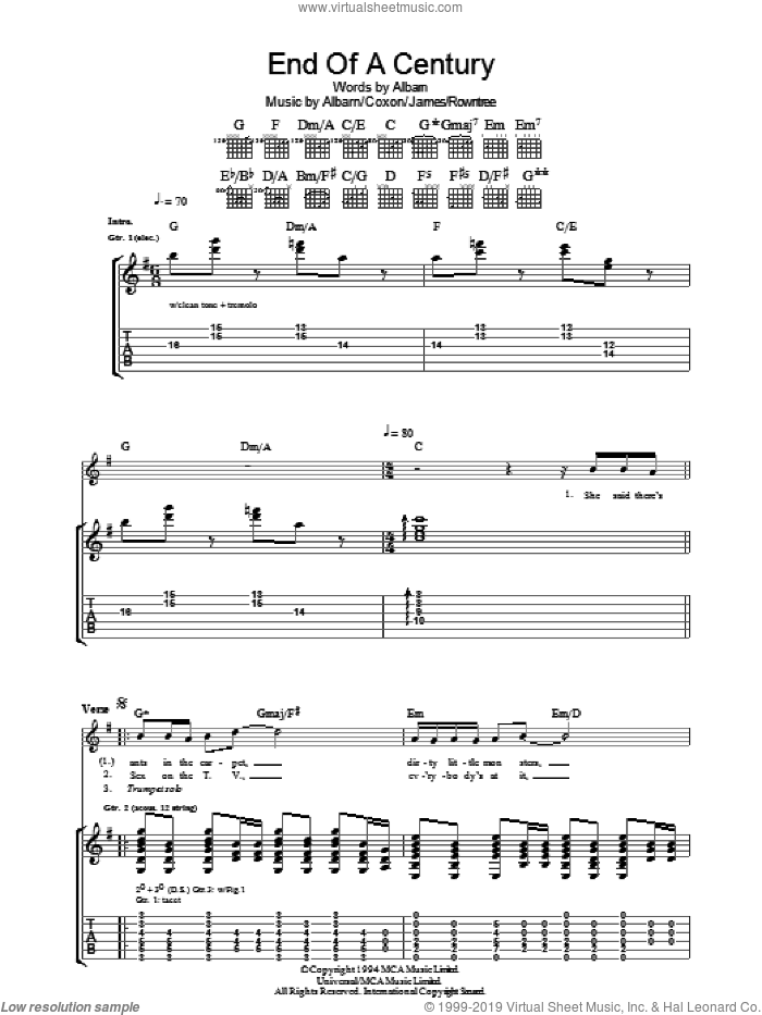 End Of A Century sheet music for guitar (tablature) by Blur, Alex James, Damon Albarn, David Rowntree and Graham Coxon, intermediate skill level