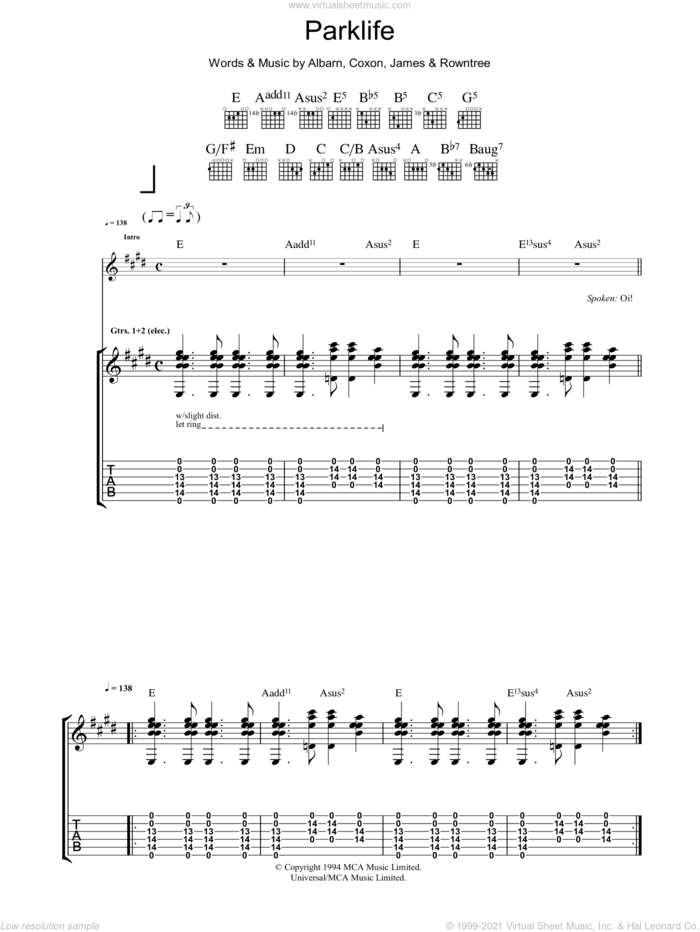 Parklife sheet music for guitar (tablature) by Blur, Alex James, Damon Albarn, David Rowntree and Graham Coxon, intermediate skill level