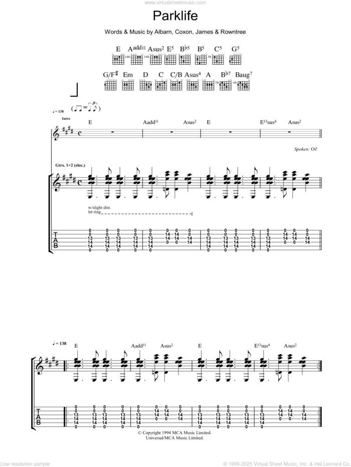 Parklife sheet music for guitar (tablature) by Blur, Alex James, Damon Albarn, David Rowntree and Graham Coxon, intermediate skill level