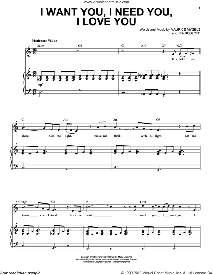 I Want You, I Need You, I Love You sheet music for voice and piano by Elvis Presley, Ira Kosloff and Maurice Mysels, intermediate skill level