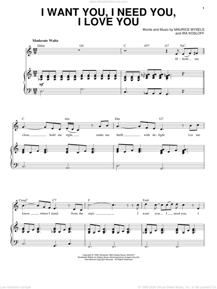 I Want You, I Need You, I Love You sheet music for voice and piano by Elvis Presley, Ira Kosloff and Maurice Mysels, intermediate skill level