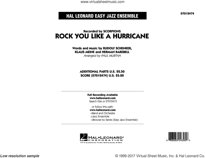 Rock You Like a Hurricane (COMPLETE) sheet music for jazz band by Paul Murtha, Herman Rarebell, Klaus Meine, Rudolf Schenker and Scorpions, intermediate skill level