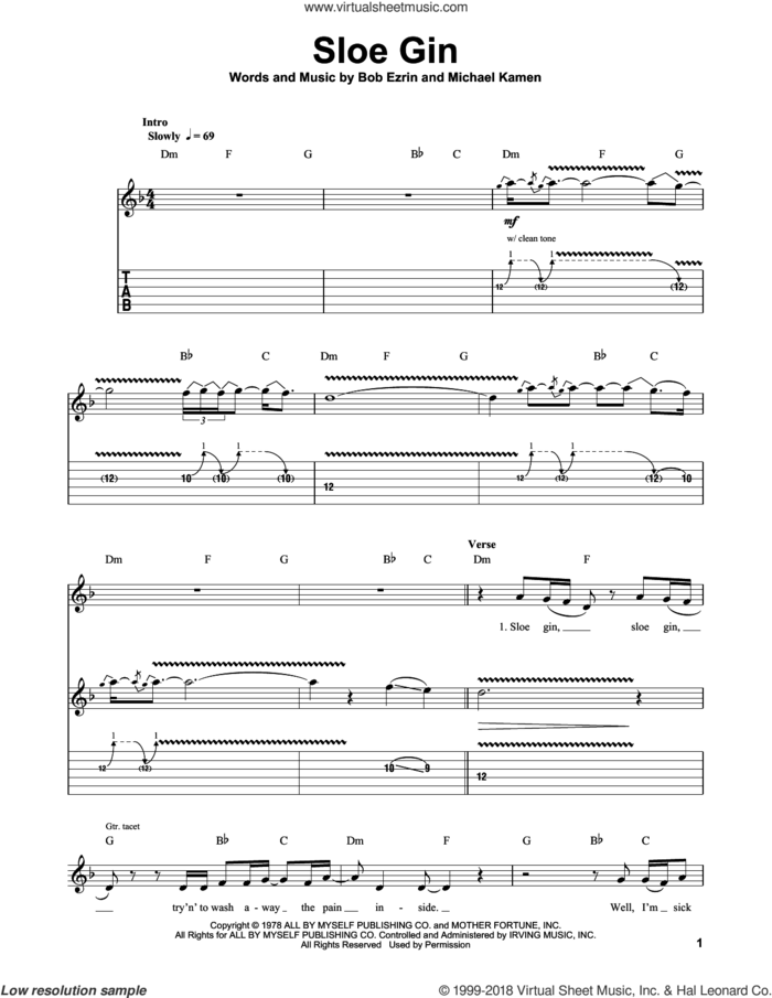 Sloe Gin sheet music for guitar (tablature, play-along) by Joe Bonamassa, Bob Ezrin and Michael Kamen, intermediate skill level