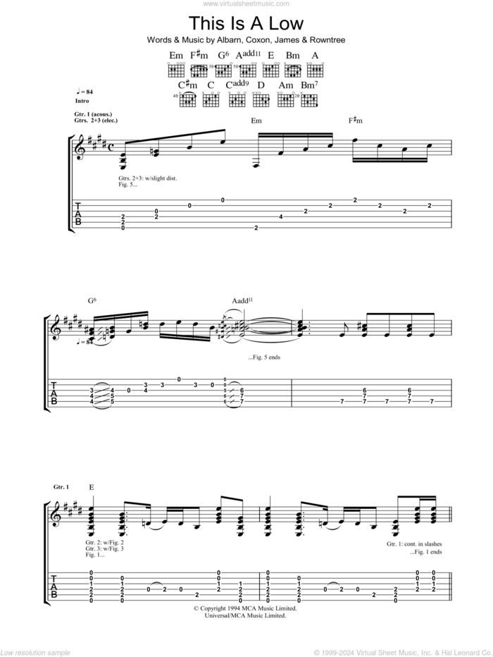 This Is A Low sheet music for guitar (tablature) by Blur, Alex James, Damon Albarn, David Rowntree and Graham Coxon, intermediate skill level