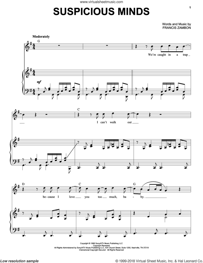 Suspicious Minds sheet music for voice and piano by Elvis Presley, Dwight Yoakam and Francis Zambon, intermediate skill level