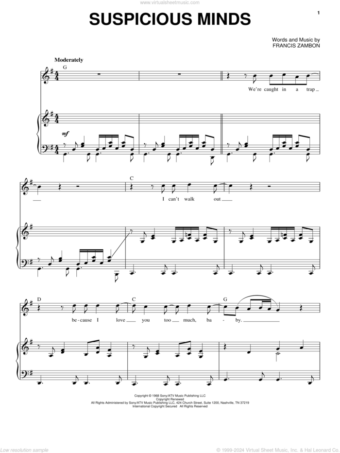 Suspicious Minds sheet music for voice and piano by Elvis Presley, Dwight Yoakam and Francis Zambon, intermediate skill level