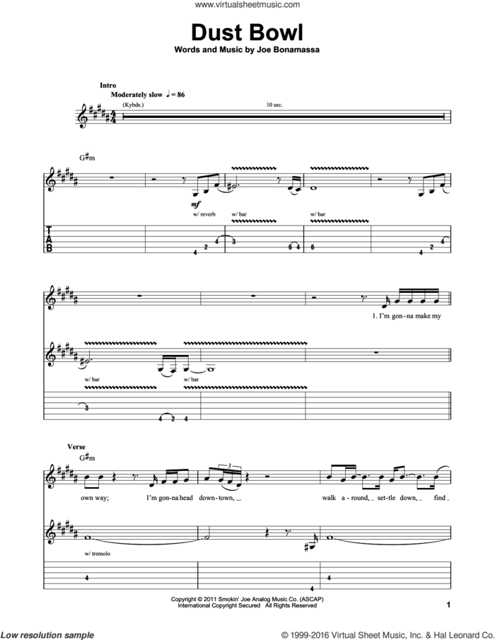 Dust Bowl sheet music for guitar (tablature, play-along) by Joe Bonamassa, intermediate skill level
