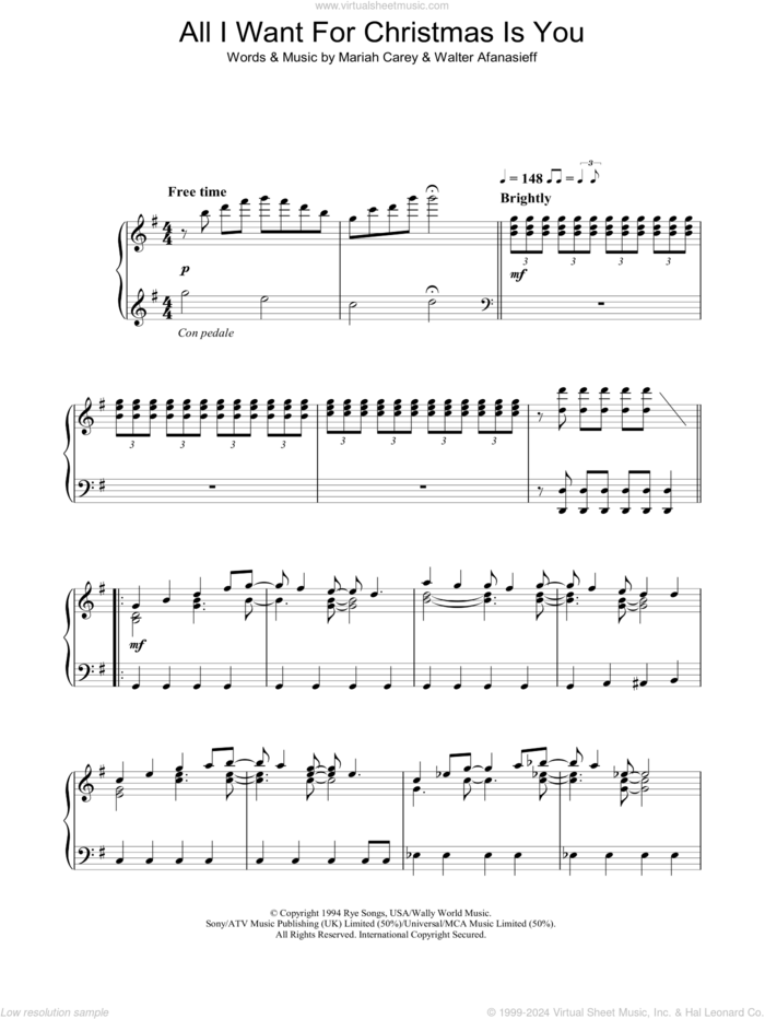 All I Want For Christmas Is You, (intermediate) sheet music for piano solo by Mariah Carey and Walter Afanasieff, intermediate skill level