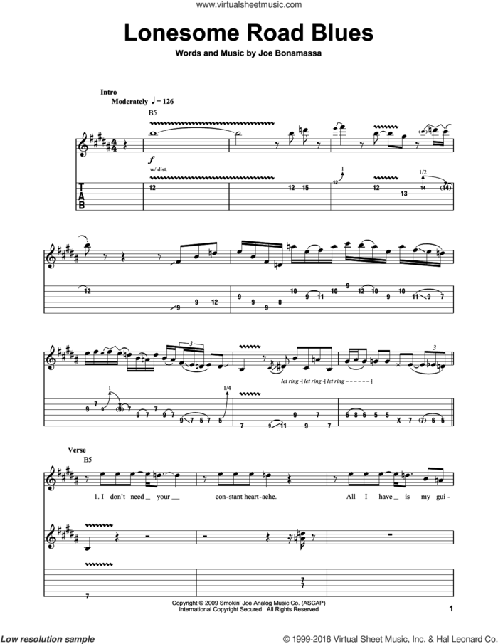 Lonesome Road Blues sheet music for guitar (tablature, play-along) by Joe Bonamassa, intermediate skill level