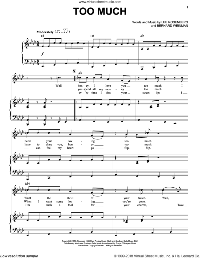 Too Much sheet music for voice and piano by Elvis Presley, Bernard Weinman and Lee Rosenberg, intermediate skill level