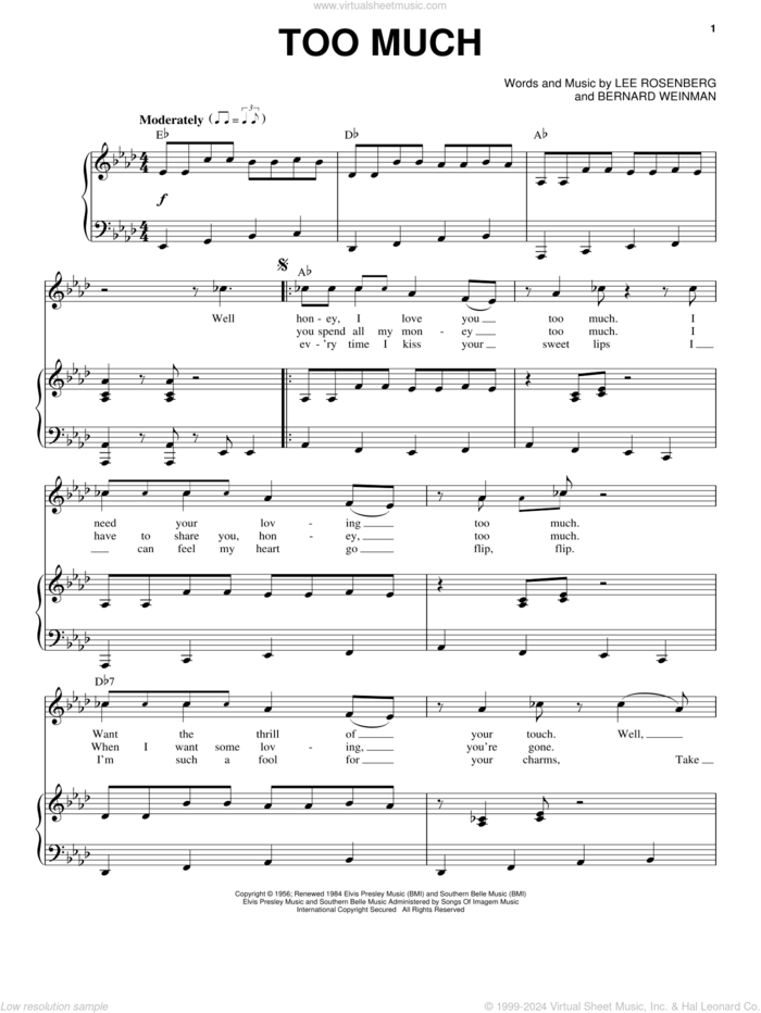 Too Much sheet music for voice and piano by Elvis Presley, Bernard Weinman and Lee Rosenberg, intermediate skill level