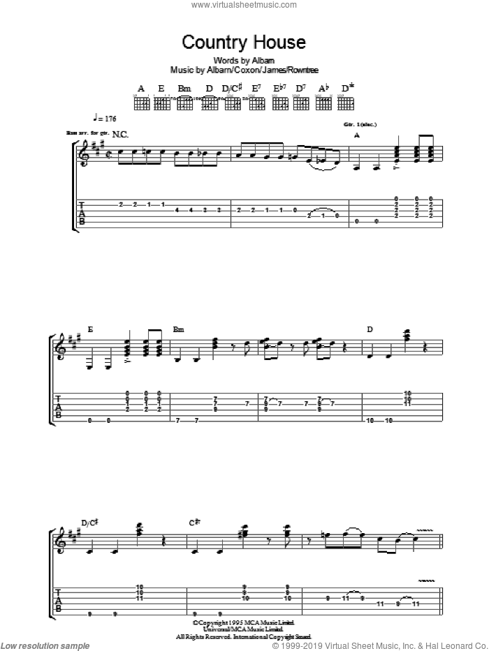 Country House sheet music for guitar (tablature) by Blur, Alex James, Damon Albarn, David Rowntree and Graham Coxon, intermediate skill level