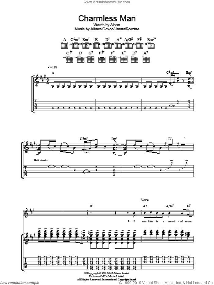 Charmless Man sheet music for guitar (tablature) by Blur, Alex James, Damon Albarn, David Rowntree and Graham Coxon, intermediate skill level