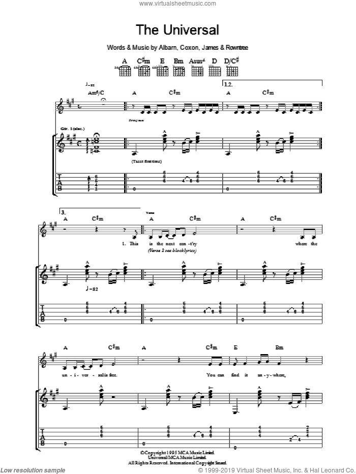 The Universal sheet music for guitar (tablature) by Blur, Alex James, Damon Albarn, David Rowntree and Graham Coxon, intermediate skill level