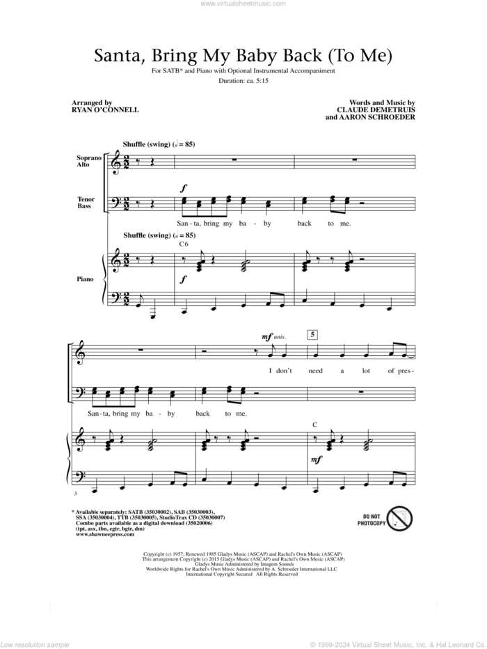 Santa, Bring My Baby Back (To Me) sheet music for choir (SATB: soprano, alto, tenor, bass) by Aaron Schroeder, Elvis Presley and Claude DeMetruis, intermediate skill level