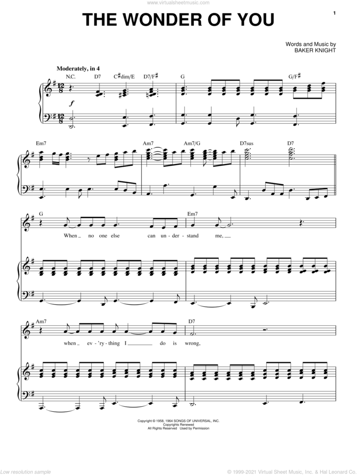The Wonder Of You sheet music for voice and piano by Elvis Presley and Baker Knight, intermediate skill level