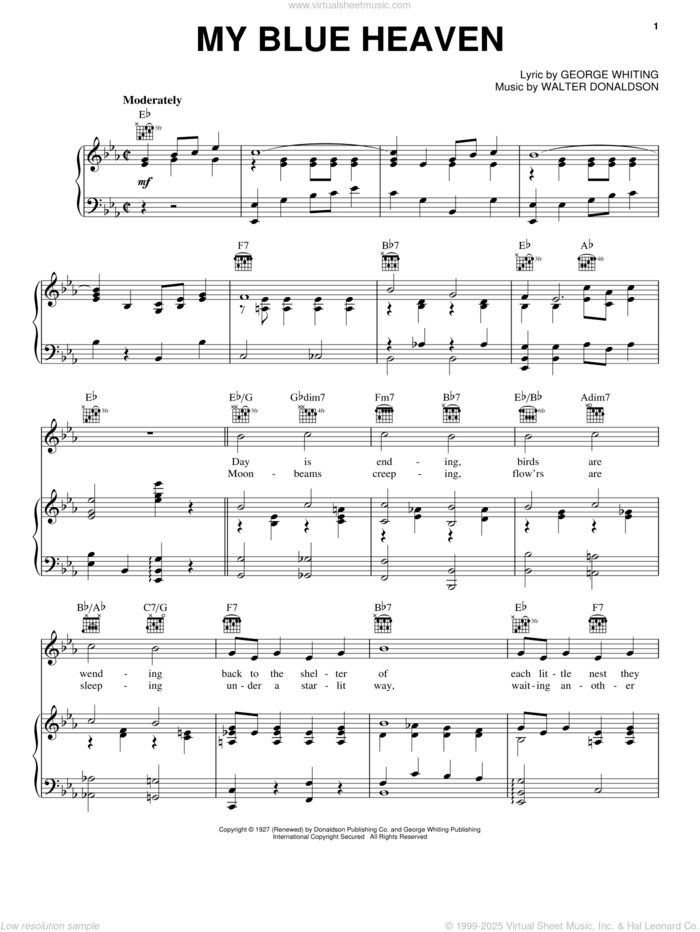 My Blue Heaven sheet music for voice, piano or guitar by Walter Donaldson and George Whiting, intermediate skill level