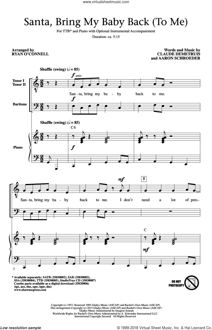 Santa, Bring My Baby Back (To Me) sheet music for choir (TTBB: tenor, bass) by Aaron Schroeder, Elvis Presley and Claude DeMetruis, intermediate skill level