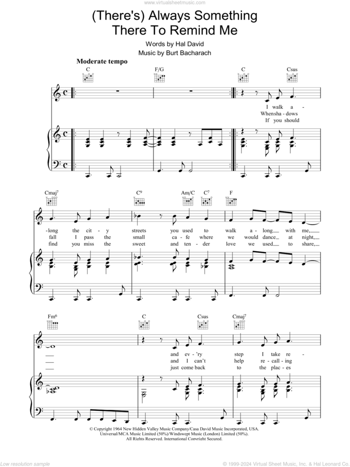 (There's) Always Something There To Remind Me sheet music for voice, piano or guitar by Bacharach & David, Burt Bacharach and Dionne Warwick, intermediate skill level