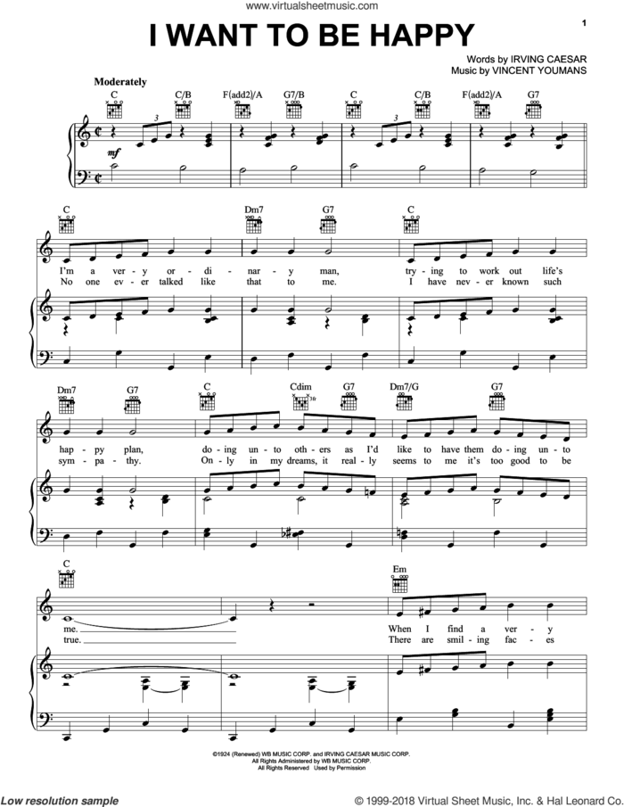 I Want To Be Happy sheet music for voice, piano or guitar by Irving Caesar and Vincent Youmans, intermediate skill level