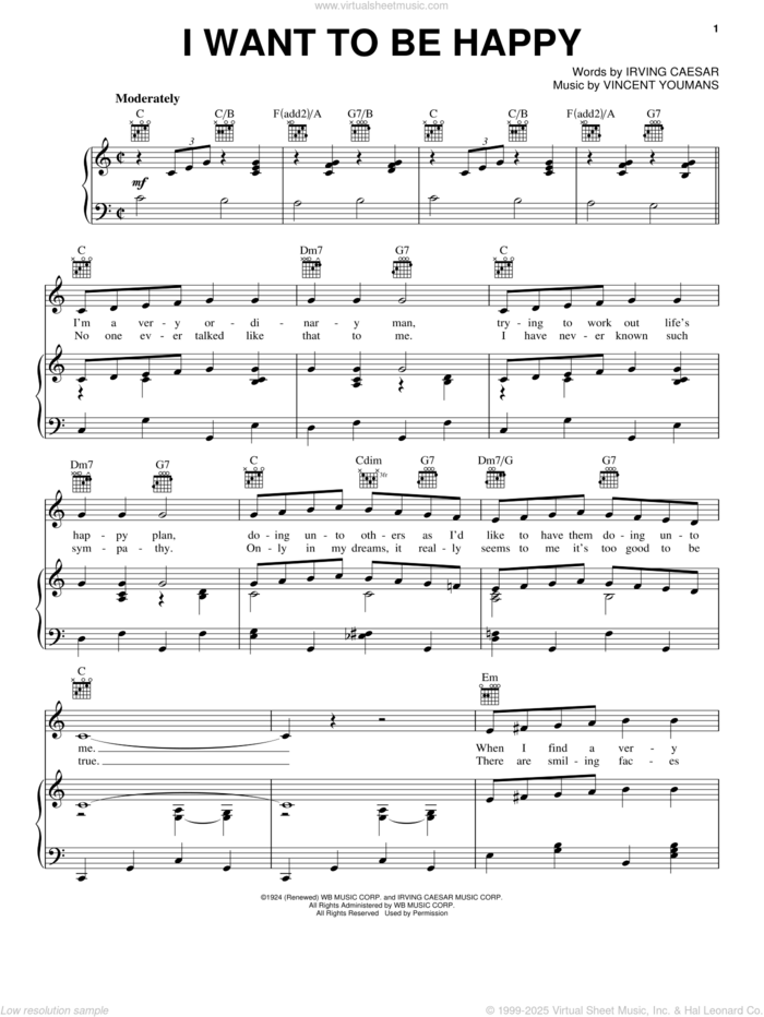 I Want To Be Happy sheet music for voice, piano or guitar by Irving Caesar and Vincent Youmans, intermediate skill level