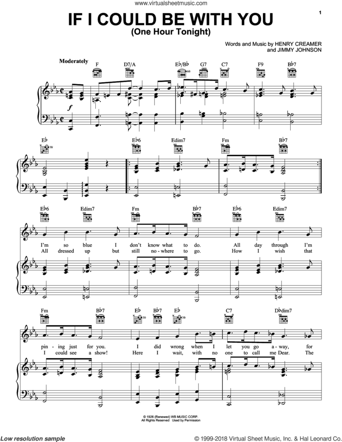 If I Could Be With You (One Hour Tonight) sheet music for voice, piano or guitar by Henry Creamer and Jimmy Johnson, intermediate skill level