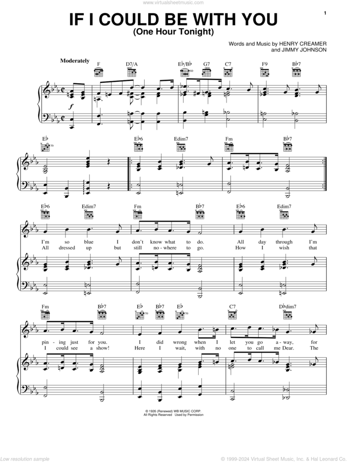 If I Could Be With You (One Hour Tonight) sheet music for voice, piano or guitar by Henry Creamer and Jimmy Johnson, intermediate skill level