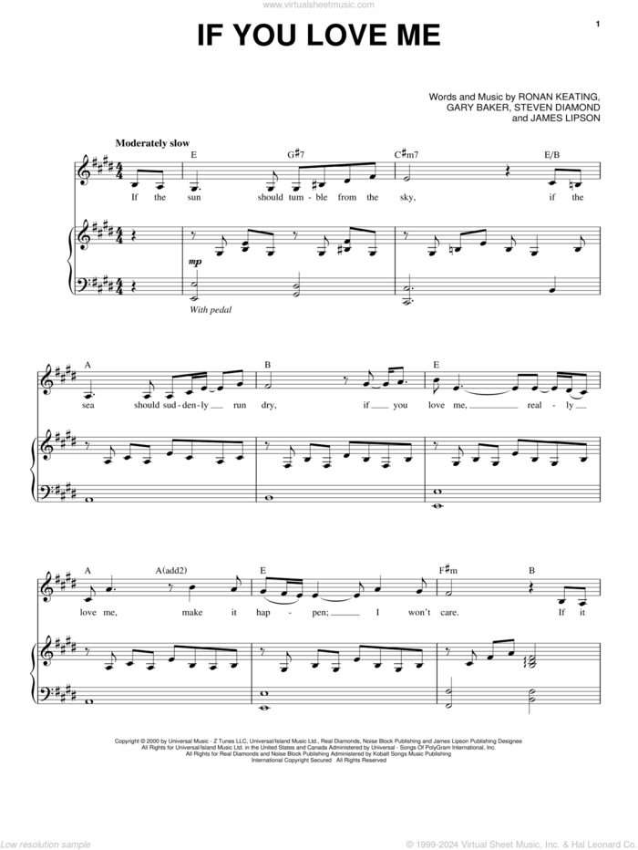 If You Love Me sheet music for voice and piano by Ronan Keating, Gary Baker, James Lipson and Steve Diamond, intermediate skill level